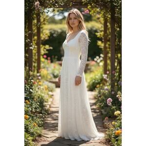 Blush Women's Ivory Maxi Bohemian Lace Sweatheart Neck Wedding Dress Size XL